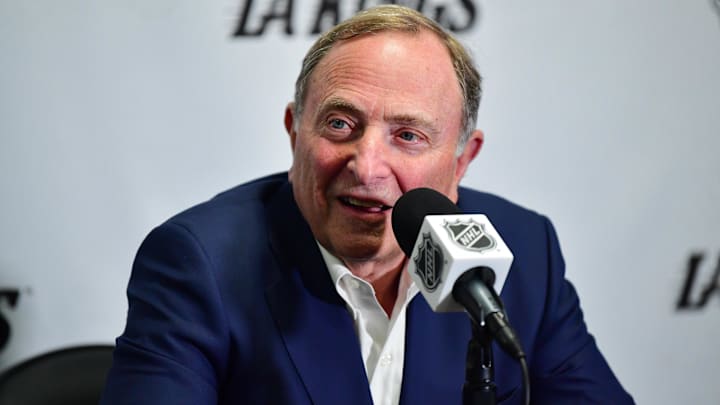 Feb 22, 2025; Los Angeles, California, USA; NHL commissioner Gary Bettman speaks during media availabilities before the Los Angeles Kings play against the Utah Hockey Club at Crypto.com Arena. Mandatory Credit: Gary A. Vasquez-Imagn Images