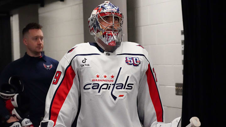 Mar 15, 2025; San Jose, California, USA;  Washington Capitals goalie Charlie Lindgren (79) takes the ice for warmups against the San Jose Sharks at SAP Center at San Jose. Mandatory Credit: David Gonzales-Imagn Images