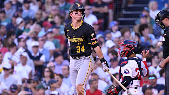 Aug 31, 2025; Boston, Massachusetts, USA; Pittsburgh Pirates third baseman Cam Devanney (34) reacts to his swing during the ninth inning against the Boston Red Sox at Fenway Park. Mandatory Credit: Eric Canha-Imagn Images