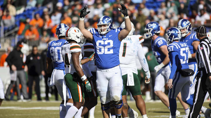 Nov 27, 2021; Durham, North Carolina, USA;  Duke Blue Devils offensive tackle Graham Barton (62)