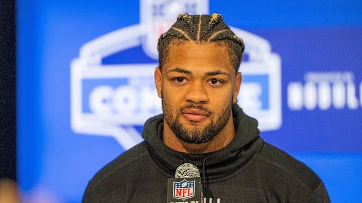 Mar 1, 2024; Indianapolis, IN, USA; Washington wide receiver Rome Odunze (WO22) talks to the media