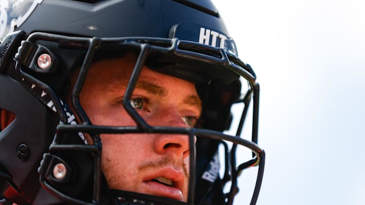 Oct 5, 2024; Raleigh, North Carolina, USA;  North Carolina State Wolfpack linebacker Caden Fordham (10) looks on prior to the first half of the game against Wake Forest Demon Deacons at Carter-Finley Stadium. Mandatory Credit: Jaylynn Nash-Imagn Images