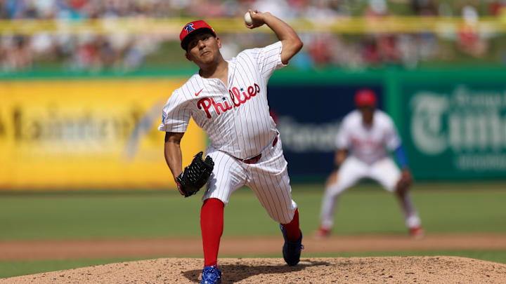 Mar 4, 2025; Clearwater, Florida, USA; Philadelphia Phillies pitcher Ranger Suarez (55) throws a pitch against the New York Yankees in the fifth inning during spring training at BayCare Ballpark. 
