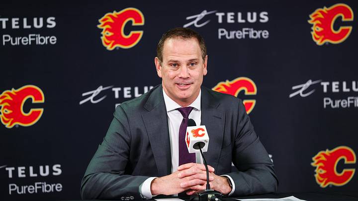 Jan 30, 2025; Calgary, Alberta, CAN; Calgary Flames general manager Craig Conroy during interview after the game against the Anaheim Ducks at Scotiabank Saddledome. Mandatory Credit: Sergei Belski-Imagn Images