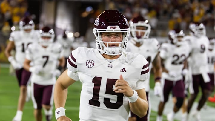 Sep 7, 2024; Tempe, Arizona, USA; Mississippi State Bulldogs quarterback Jake Weir (15) against the Arizona State Sun Devils at Mountain America Stadium. Mandatory Credit: Mark J. Rebilas-Imagn Images
