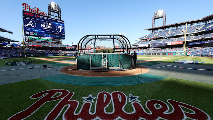Oct 11, 2023; Philadelphia, Pennsylvania, USA; A view of the Phillies logo painted on the field before game three of the NLDS for the 2023 MLB playoffs between the Philadelphia Phillies and the Atlanta Braves at Citizens Bank Park. Mandatory Credit: Bill Streicher-Imagn Images