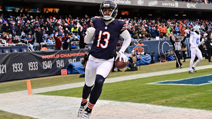 Dec 22, 2024; Chicago, Illinois, USA; Chicago Bears wide receiver Keenan Allen (13) reacts after a touchdown reception against the Detroit Lions during the second quarter at Soldier Field. Mandatory Credit: Daniel Bartel-Imagn Images