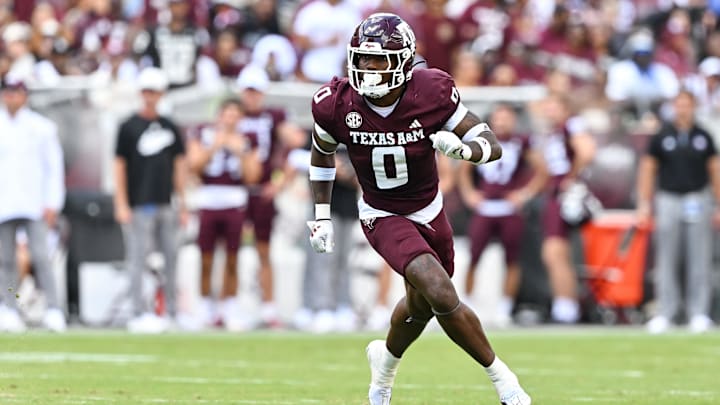 Oct 5, 2024; College Station, Texas, USA; Texas A&M Aggies linebacker Scooby Williams (0) defends in coverage in the second half against the Missouri Tigers at Kyle Field.