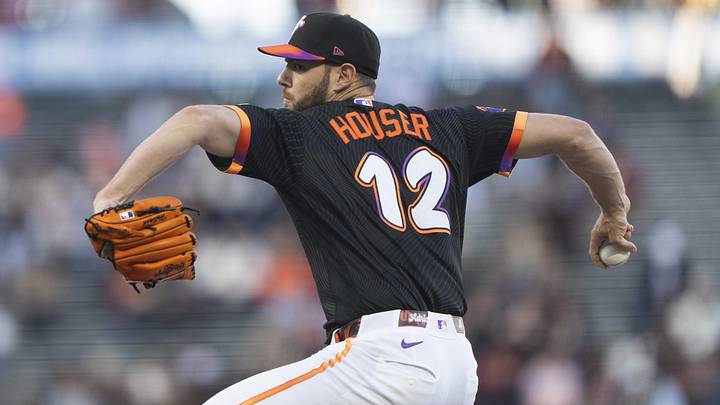 San Francisco Giants pitcher Adrian Houser (12) pitches at Oracle Park. San Francisco Giants pitcher Adrian Houser (12) pitches at Oracle Park.