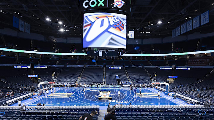 Nov 15, 2024; Oklahoma City, Oklahoma, USA; An overall view of the Oklahoma City Thunder's NBA Cup Court before the game against the Phoenix Suns at Paycom Center. Mandatory Credit: Alonzo Adams-Imagn Images