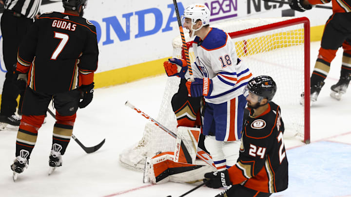 Feb 9, 2024; Anaheim, California, USA; Edmonton Oilers left wing Zach Hyman (18) celebrates goal.