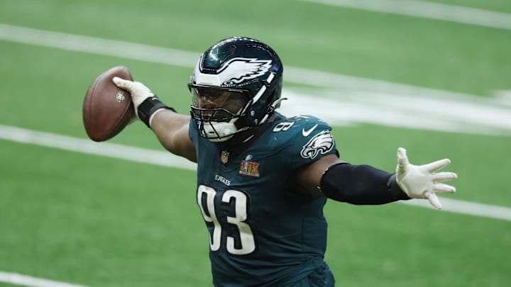 Feb 9, 2025; New Orleans, LA, USA; Philadelphia Eagles defensive tackle Milton Williams (93) celebrates a fumble recovery in the fourth quarter in Super Bowl LIX at Ceasars Superdome. Mandatory Credit: Stephen Lew-Imagn Images