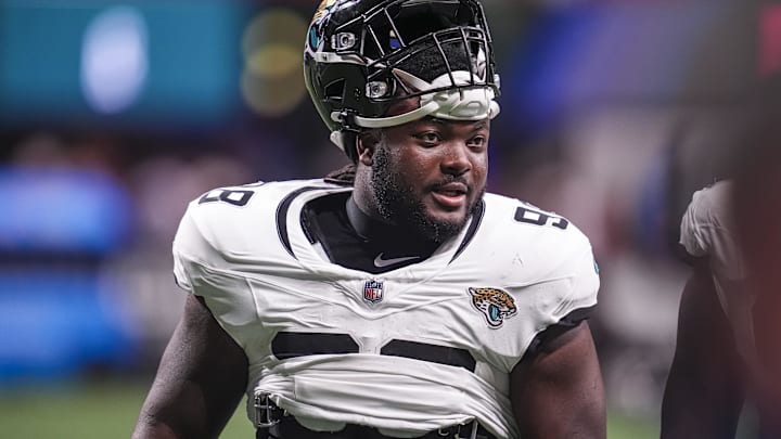 Aug 23, 2024; Atlanta, Georgia, USA; Jacksonville Jaguars defensive tackle Jordan Jefferson (98) shown on the field against the Atlanta Falcons at Mercedes-Benz Stadium. Mandatory Credit: Dale Zanine-Imagn Images