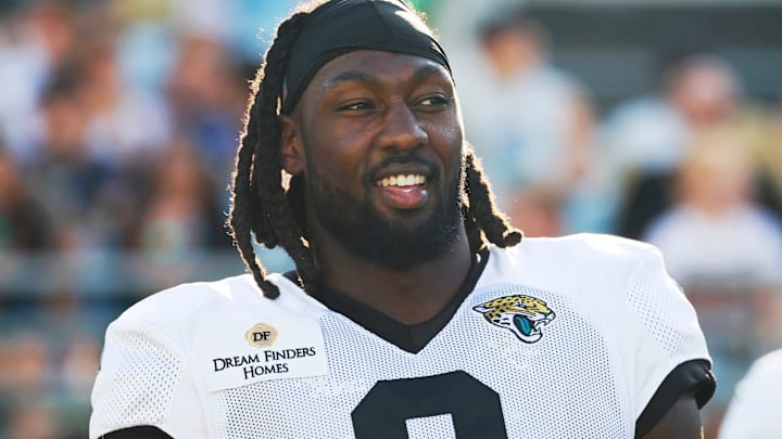 Jacksonville Jaguars linebacker Devin Lloyd (0) walks on the field during an NFL scrimmage event at EverBank Stadium, Friday, Aug. 1, 2025, in Jacksonville, Fla. [Corey Perrine/Florida Times-Union]