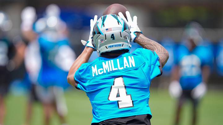Carolina Panthers wide receiver Tetairoa McMillan (4) makes the catch during the first day of mini camp Carolina Panthers wide receiver Tetairoa McMillan (4) makes the catch during the first day of mini camp