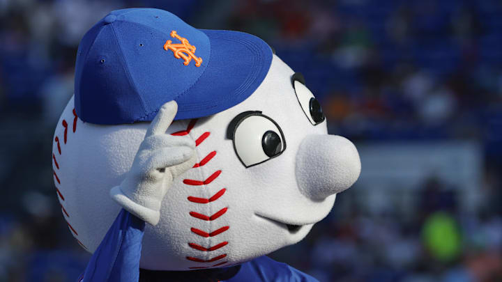 Mar 14, 2025; Port St. Lucie, Florida, USA;  Mr. Met mascot greets the crowd before the game against the St. Louis Cardinals at Clover Park. 