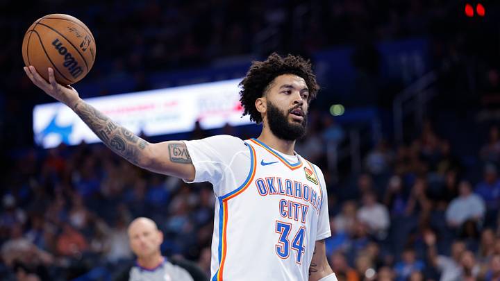 Oct 13, 2026; Oklahoma City, Oklahoma, USA; Oklahoma City Thunder guard Kenrich Williams (34) stands on the court after a play against the Indiana Pacers during the second half at Paycom Center. Mandatory Credit: Alonzo Adams-Imagn Images