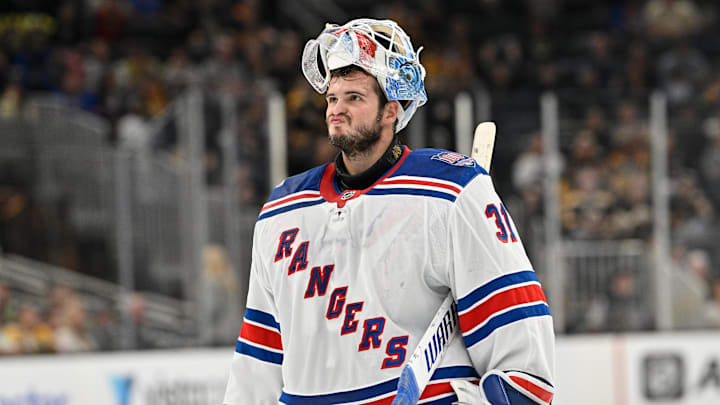 Oct 4, 2025; Boston, Massachusetts, USA; New York Rangers goaltender Igor Shesterkin (31) returns to the net after a break in the action during the third period period against the Boston Bruins at TD Garden. Mandatory Credit: Eric Canha-Imagn Images