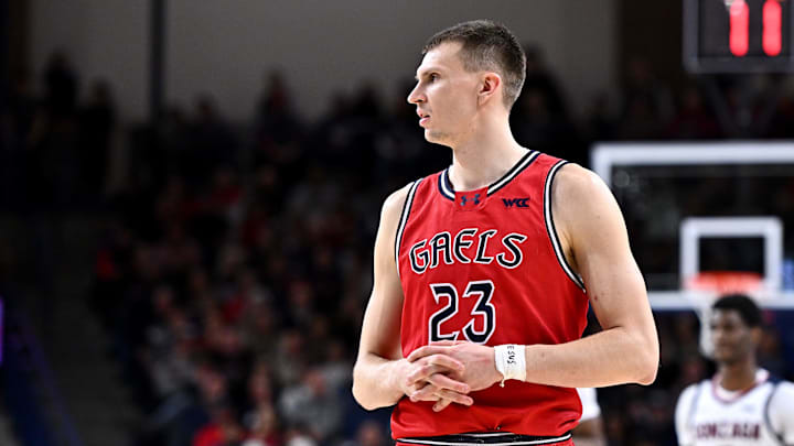 Jan 31, 2026; Spokane, Washington, USA; Saint Mary's Gaels forward Paulius Murauskas (23) looks on during a game against the Gonzaga Bulldogs in the second half at McCarthey Athletic Center. Mandatory Credit: James Snook-Imagn Images
