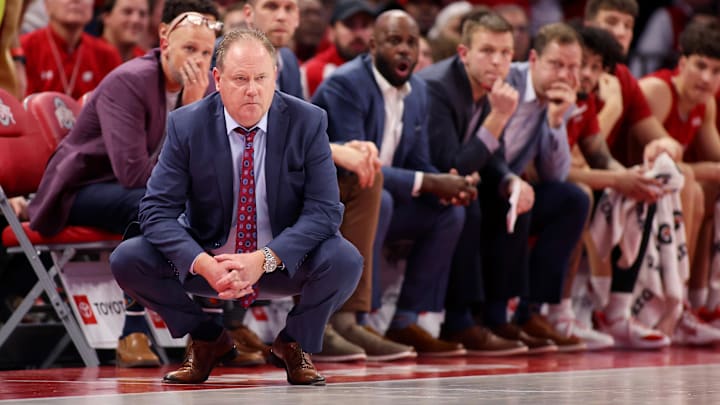 Feb 17, 2026; Columbus, Ohio, USA; Wisconsin Badgers head coach Greg Gard watches his team during the second half against the Ohio State Buckeyes at Value City Arena. Mandatory Credit: Joseph Maiorana-Imagn Images Feb 17, 2026; Columbus, Ohio, USA; Wisconsin Badgers head coach Greg Gard watches his team during the second half against the Ohio State Buckeyes at Value City Arena. Mandatory Credit: Joseph Maiorana-Imagn Images