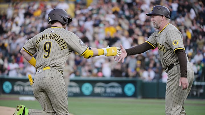 Apr 7, 2025; West Sacramento, California, USA; San Diego Padres first base Jake Cronenworth (9) rounds the bases after hitting a home run against the Athletics during the first inning at Sutter Health Park. Mandatory Credit: Ed Szczepanski-Imagn Images Apr 7, 2025; West Sacramento, California, USA; San Diego Padres first base Jake Cronenworth (9) rounds the bases after hitting a home run against the Athletics during the first inning at Sutter Health Park. Mandatory Credit: Ed Szczepanski-Imagn Images