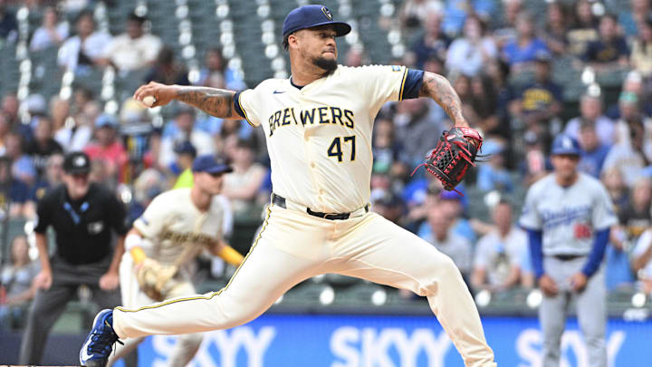 Aug 14, 2024; Milwaukee, Wisconsin, USA; Milwaukee Brewers pitcher Frankie Montas (47) delivers a pitch against the Los Angeles Dodgers in the first inning at American Family Field. Mandatory Credit: Michael McLoone-Imagn Images