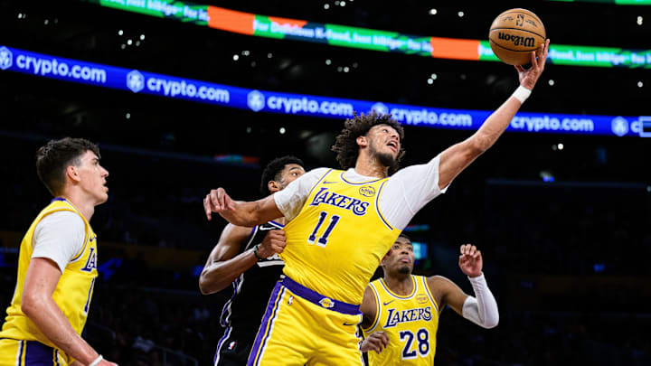 Oct 17, 2025; Los Angeles, California, USA; Los Angeles Lakers center Jaxson Hayes (11) gets a rebound during the first half against the Sacramento Kings at Crypto.com Arena. Mandatory Credit: William Liang-Imagn Images Oct 17, 2025; Los Angeles, California, USA; Los Angeles Lakers center Jaxson Hayes (11) gets a rebound during the first half against the Sacramento Kings at Crypto.com Arena. Mandatory Credit: William Liang-Imagn Images