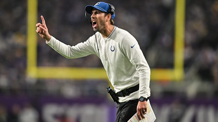 Nov 3, 2024; Minneapolis, Minnesota, USA; Indianapolis Colts head coach Shane Steichen reacts during the second quarter against the Minnesota Vikings at U.S. Bank Stadium. Mandatory Credit: Jeffrey Becker-Imagn Images