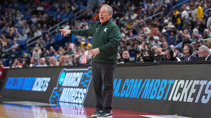 Mar 21, 2026; Buffalo, NY, USA; Michigan State Spartans head coach Tom Izzo reacts in the second half against the Louisville Cardinals during a second round game of the men's 2026 NCAA Tournament at Keybank Center. Mandatory Credit: Gregory Fisher-Imagn Images Mar 21, 2026; Buffalo, NY, USA; Michigan State Spartans head coach Tom Izzo reacts in the second half against the Louisville Cardinals during a second round game of the men's 2026 NCAA Tournament at Keybank Center. Mandatory Credit: Gregory Fisher-Imagn Images