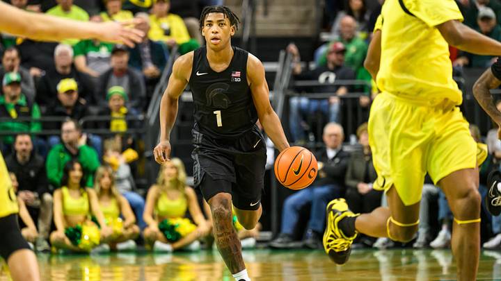 Jan 20, 2026; Eugene, Oregon, USA; Michigan State Spartans guard Jeremy Fears Jr. (1) brings the ball up court during the second half against the Oregon Ducks at Matthew Knight Arena. Mandatory Credit: Craig Strobeck-Imagn Images Jan 20, 2026; Eugene, Oregon, USA; Michigan State Spartans guard Jeremy Fears Jr. (1) brings the ball up court during the second half against the Oregon Ducks at Matthew Knight Arena. Mandatory Credit: Craig Strobeck-Imagn Images