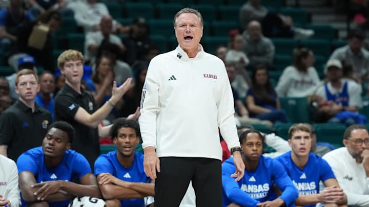 Nov 26, 2025; Las Vegas, NV, USA; Kansas Jayhawks head coach Bill Self reacts in the first half against the Tennessee Volunteers in the 2025 Players Era Festival third place game at MGM Grand Garden Arena. Mandatory Credit: Kirby Lee-Imagn Images