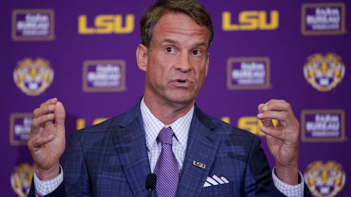 Dec 1, 2025; Baton Rouge, LA, USA; LSU new head coach Lane Kiffin speaks at South Stadium Club at Tiger Stadium.