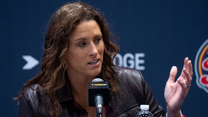 Stephanie White, new Indiana Fever head coach, speaks Monday, Nov. 4, 2024, during a press conference held on Salesforce Court at Gainbridge Fieldhouse in Indianapolis.