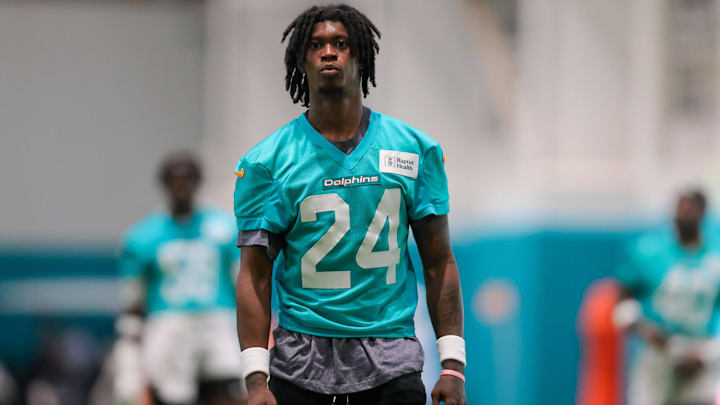 Miami Dolphins cornerback Cam Smith (24) looks on during training camp at Baptist Health Training Complex.