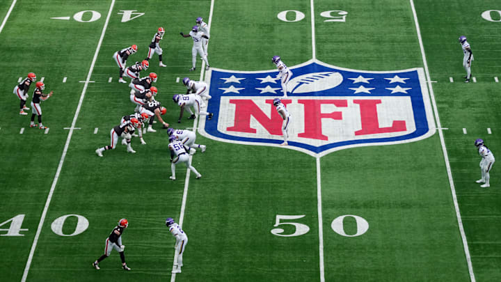 Oct 5, 2025; Tottenham, United Kingdom; A general view as Cleveland Browns quarterback Dillon Gabriel (8) prepares to snap the ball against the Minnesota Vikings during the first quarter of an NFL International Series game at Tottenham Hotspur Stadium. Mandatory Credit: Kirby Lee-Imagn Images