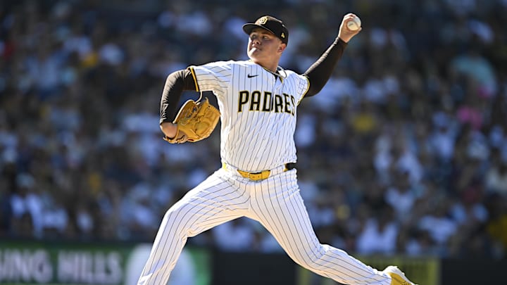 Sep 24, 2025; San Diego, California, USA; San Diego Padres relief pitcher Adrian Morejon (50) delivers during the seventh inning against the Milwaukee Brewers at Petco Park. Mandatory Credit: Denis Poroy-Imagn Images