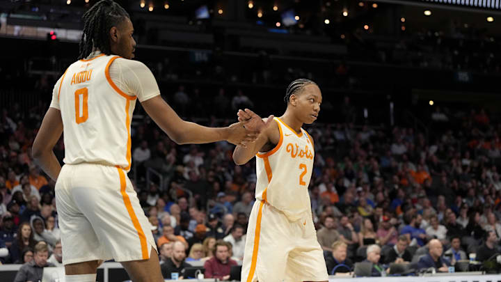 Mar 21, 2024; Charlotte, NC, USA; Tennessee Volunteers forward Jonas Aidoo (0) and guard Jordan