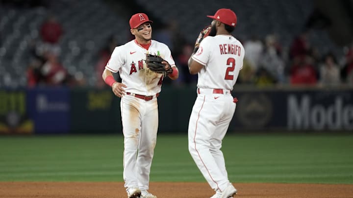 May 9, 2022; Anaheim, California, USA; Los Angeles Angels shortstop Andrew Velazquez (4) and second