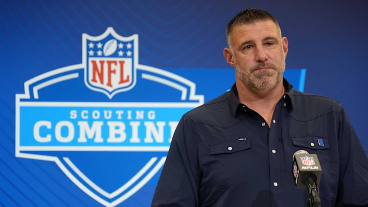 Feb 25, 2025; Indianapolis, IN, USA; New England Patriots coach Mike Vrabel speaks during the NFL Scouting Combine at the Indiana Convention Center. Mandatory Credit: Kirby Lee-Imagn Images