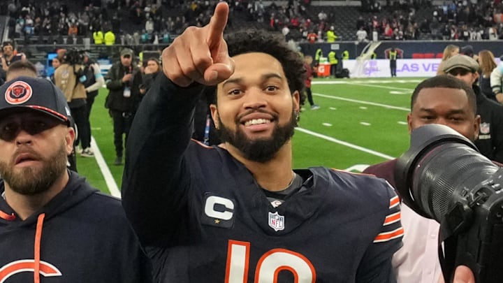 Chicago Bears quarterback Caleb Williams (18) reacts after an NFL International Series game against the Jacksonville Jaguars at Tottenham Hotspur Stadium.