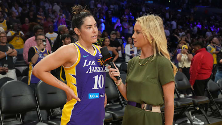 Aug 20, 2025; Los Angeles, California, USA; LA Sparks guard Kelsey Plum (10) is interviewed by Spectrum SportsNet reporter Nikki Kay after the game against the Dallas Wings at Crypto.com Arena. Mandatory Credit: Kirby Lee-Imagn Images