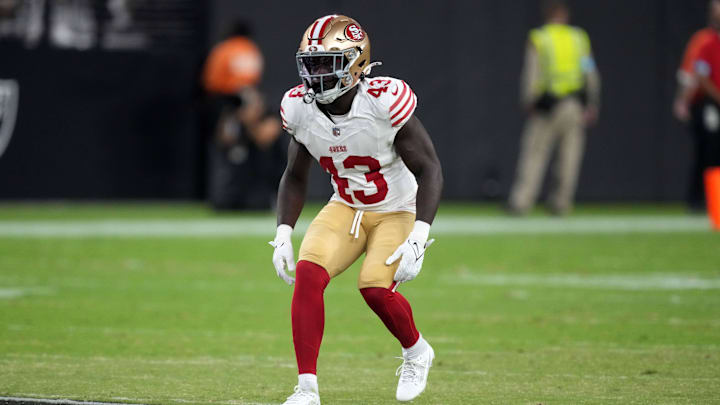 Aug 23, 2024; Paradise, Nevada, USA; San Francisco 49ers safety Malik Mustapha (43) against the Las Vegas Raiders in the first half at Allegiant Stadium. Mandatory Credit: Kirby Lee-Imagn Images