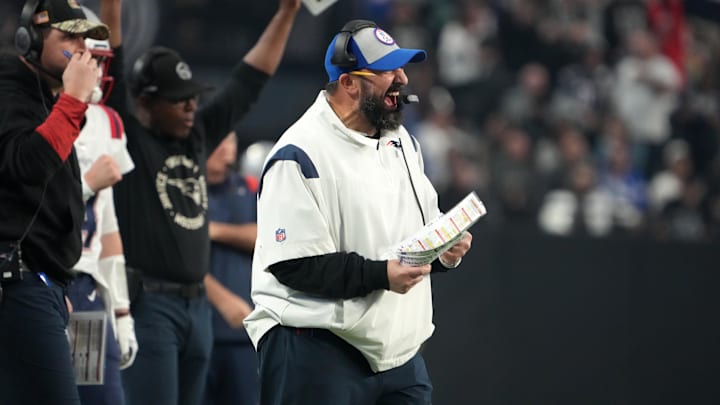 Dec 18, 2022; Paradise, Nevada, USA; New England Patriots offensive line coach Matt Patricia celebrates in the second half against the Las Vegas Raiders at Allegiant Stadium. The Raiders defeated the Patriots 30-24. Dec 18, 2022; Paradise, Nevada, USA; New England Patriots offensive line coach Matt Patricia celebrates in the second half against the Las Vegas Raiders at Allegiant Stadium. The Raiders defeated the Patriots 30-24.
