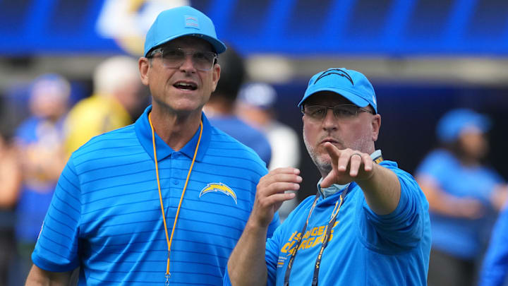 Los Angeles Chargers coach Jim Harbaugh and general manager Joe Hortiz. Los Angeles Chargers coach Jim Harbaugh and general manager Joe Hortiz.