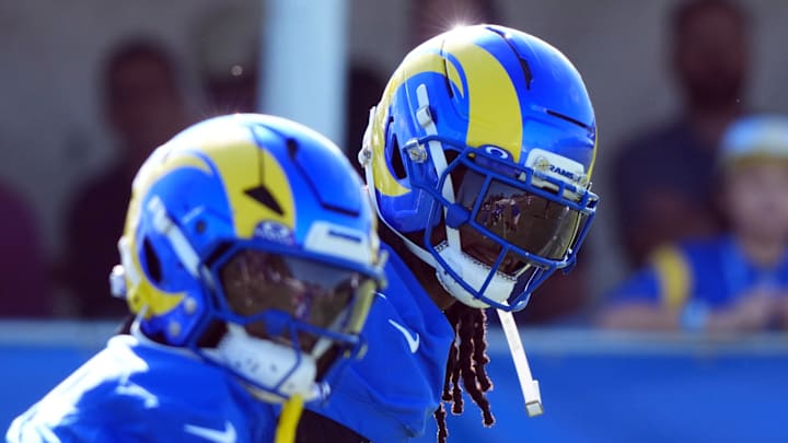Jul 23, 2025; Los Angeles, CA, USA; Los Angeles Rams receiver Davante Adams (17) during training camp at Loyola Marymount University. Mandatory Credit: Kirby Lee-Imagn Images Jul 23, 2025; Los Angeles, CA, USA; Los Angeles Rams receiver Davante Adams (17) during training camp at Loyola Marymount University. Mandatory Credit: Kirby Lee-Imagn Images