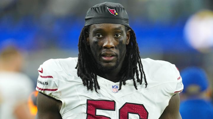 Dec 28, 2024; Inglewood, California, USA; Arizona Cardinals defensive end Darius Robinson (56) reacts against the Los Angeles Rams in the second half at SoFi Stadium. Mandatory Credit: Kirby Lee-Imagn Images