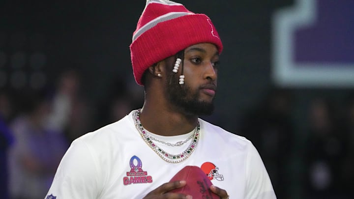 Jan 30, 2025; Orlando, FL, USA; AFC cornerback Denzel Ward (21) during the Pro Bowl Skills Challenge at Nicholson Fieldhouse. Mandatory Credit: Kirby Lee-Imagn Images Jan 30, 2025; Orlando, FL, USA; AFC cornerback Denzel Ward (21) during the Pro Bowl Skills Challenge at Nicholson Fieldhouse. Mandatory Credit: Kirby Lee-Imagn Images