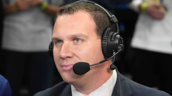 Dec 3, 2024; Los Angeles, California, USA;  FS1 play-by-play announcer Trent Rush during the game between the Washington Huskies and the UCLA Bruins at Pauley Pavilion presented by Wescom. Mandatory Credit: Kirby Lee-Imagn Images
