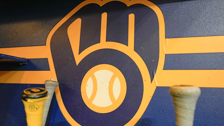 Apr 18, 2025; Milwaukee, Wisconsin, USA;  General view of the Milwaukee Brewers logo in the dugout during batting practice prior to the game against the Athletics at American Family Field. Mandatory Credit: Jeff Hanisch-Imagn Images