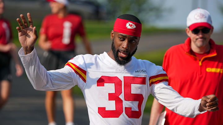 Jul 22, 2024; St. Joseph, MO, USA; Kansas City Chiefs cornerback Jaylen Watson (35) walks down the hill from the locker room to the fields prior to training camp at Missouri Western State University. Mandatory Credit: Denny Medley-Imagn Images